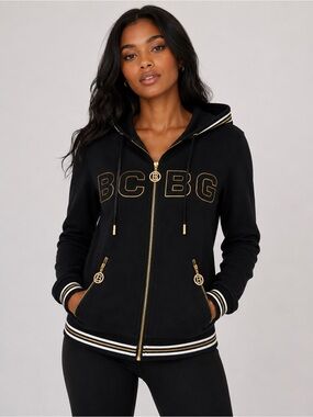 BCBG Black Gold Logo Varsity Full Zip Hoodie Y2K McBling